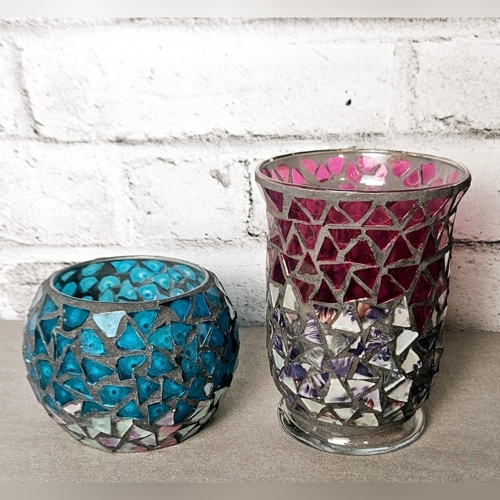 Mosaic Glass Candle Holders Set of 2 Blue Purple Boho Stained Glass Decor